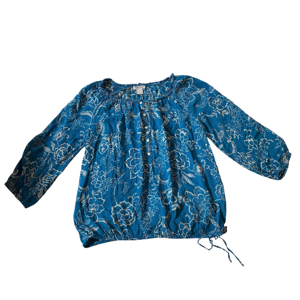 Lucky Brand Avalynn Gardens Peasant Top Size M‎ 3/4 Sleeve Blue Rayon